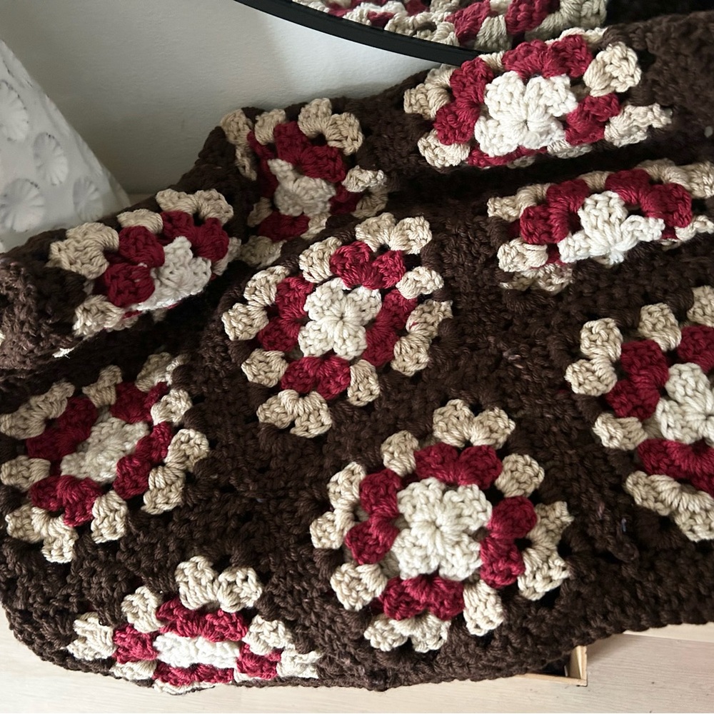 Vintage Granny Square Brown Cream Red Handmade Crochet Baby or Lap Blanket